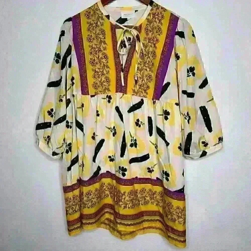 Melloday Boho Colorful Floral Tunic with tie neck Sz‎ L